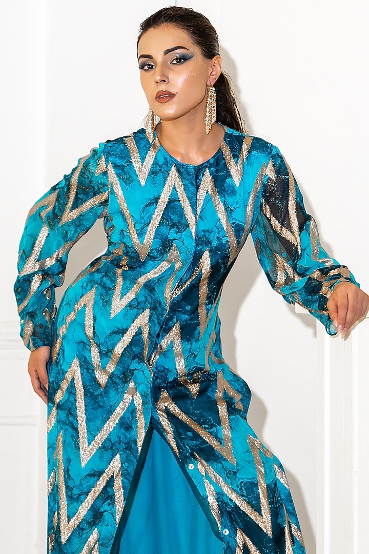 Blue Georgette Lurex Printed Co-Ord Set by Akanksha Mago at Pernia's Pop Up Shop