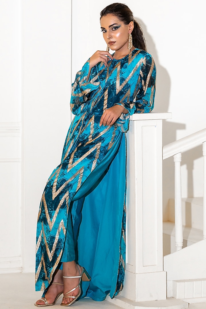 Blue Georgette Lurex Printed Co-Ord Set by Akanksha Mago at Pernia's Pop Up Shop