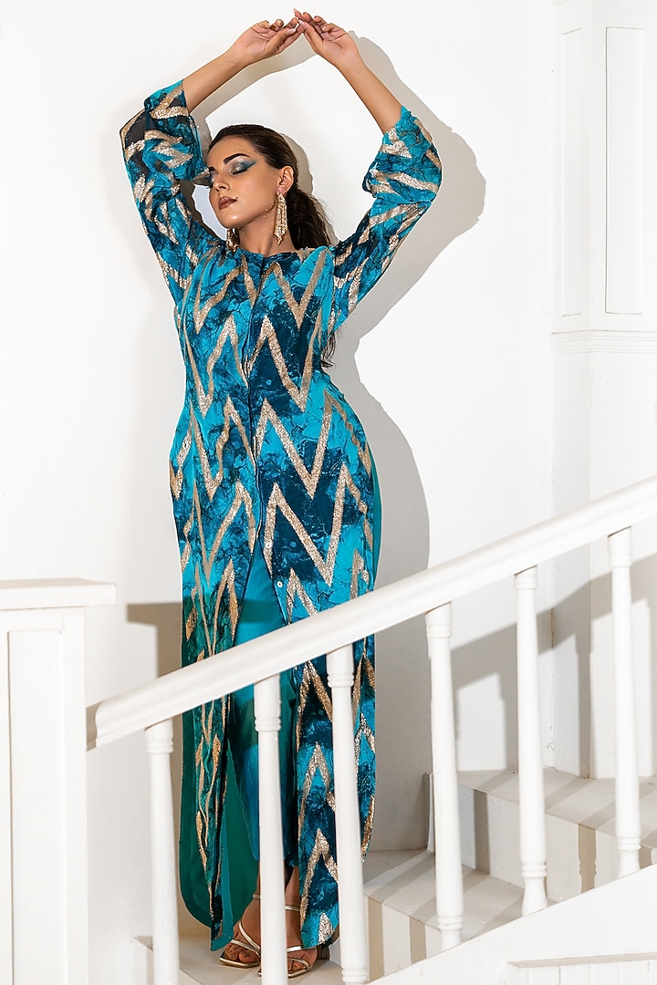 Blue Georgette Lurex Printed Co-Ord Set by Akanksha Mago at Pernia's Pop Up Shop