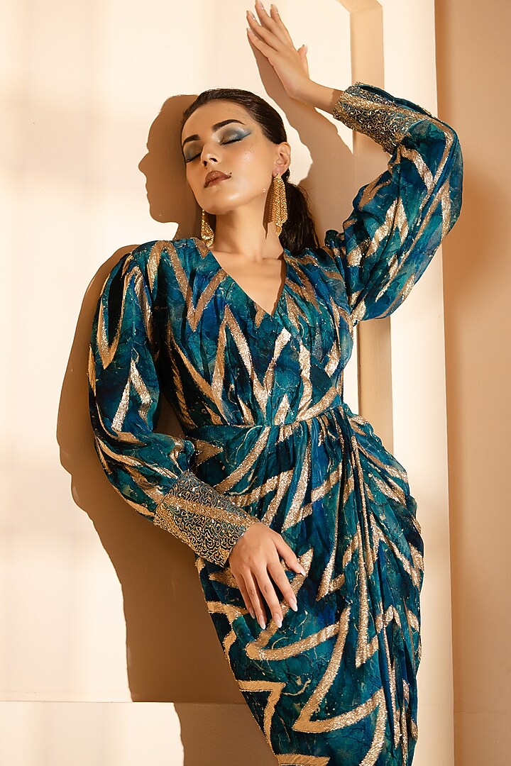 Blue Georgette Lurex Printed Draped Vacation Dress by Akanksha Mago at Pernia's Pop Up Shop