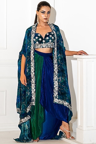 Blue Crepe Abstract Printed Cape Set by Akanksha Mago