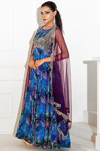 Blue Georgette Hand Embroidered Anarkali Set by Akanksha Mago