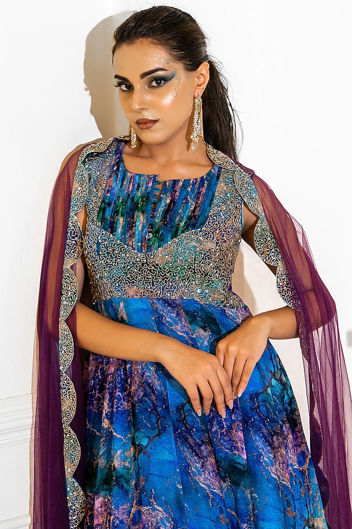 Blue Georgette Hand Embroidered Wedding Anarkali Set by Akanksha Mago at Pernia's Pop Up Shop