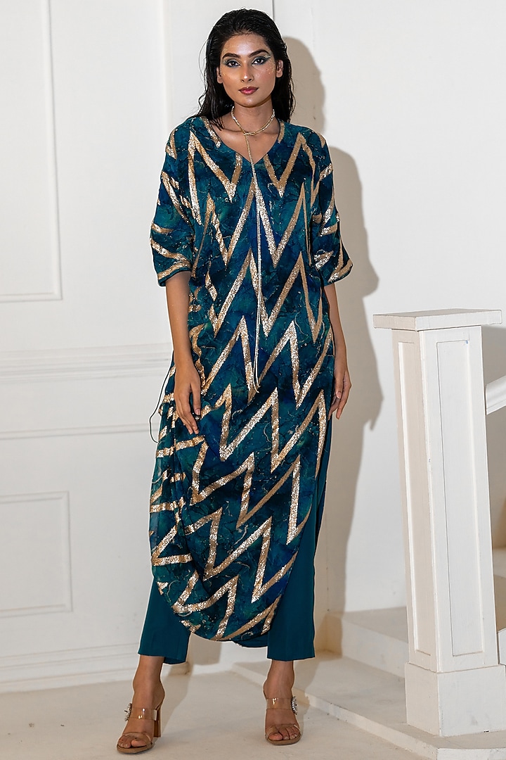 Blue Georgette Lurex Printed Kurta Set by Akanksha Mago at Pernia's Pop Up Shop