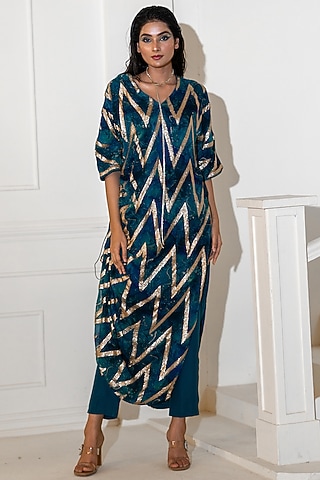 Blue Georgette Lurex Printed Kurta Set by Akanksha Mago
