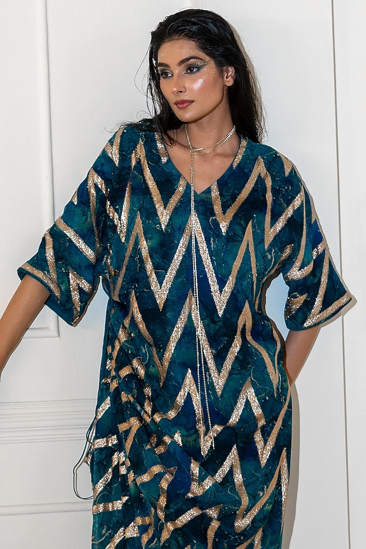 Blue Georgette Lurex Printed Kurta Set by Akanksha Mago at Pernia's Pop Up Shop