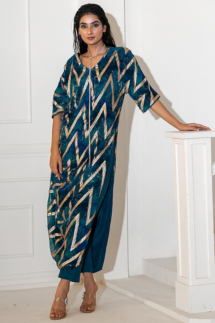 Blue Georgette Lurex Printed Kurta Set by Akanksha Mago at Pernia's Pop Up Shop