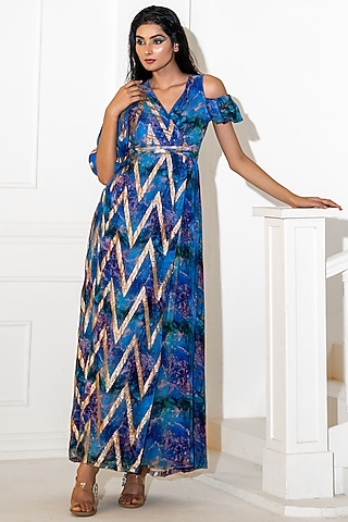 Blue Georgette Lurex Printed Wrap-Style Dress by Akanksha Mago