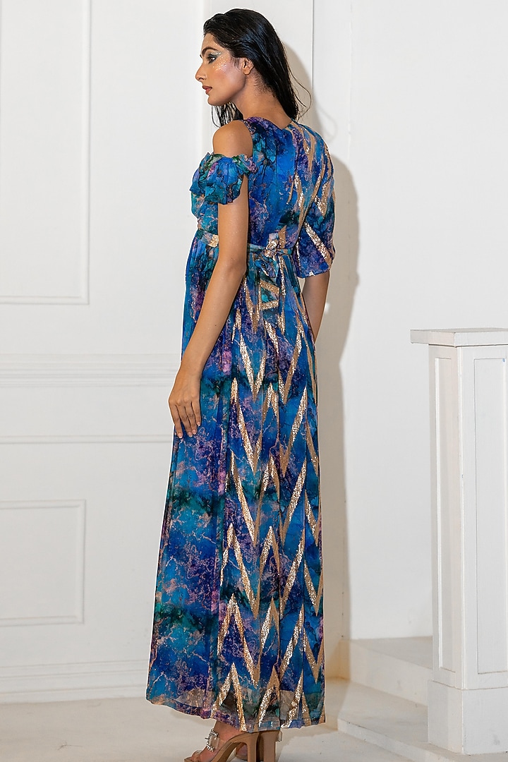 Blue Georgette Lurex Printed Wrap-Style Vacation Dress by Akanksha Mago at Pernia's Pop Up Shop