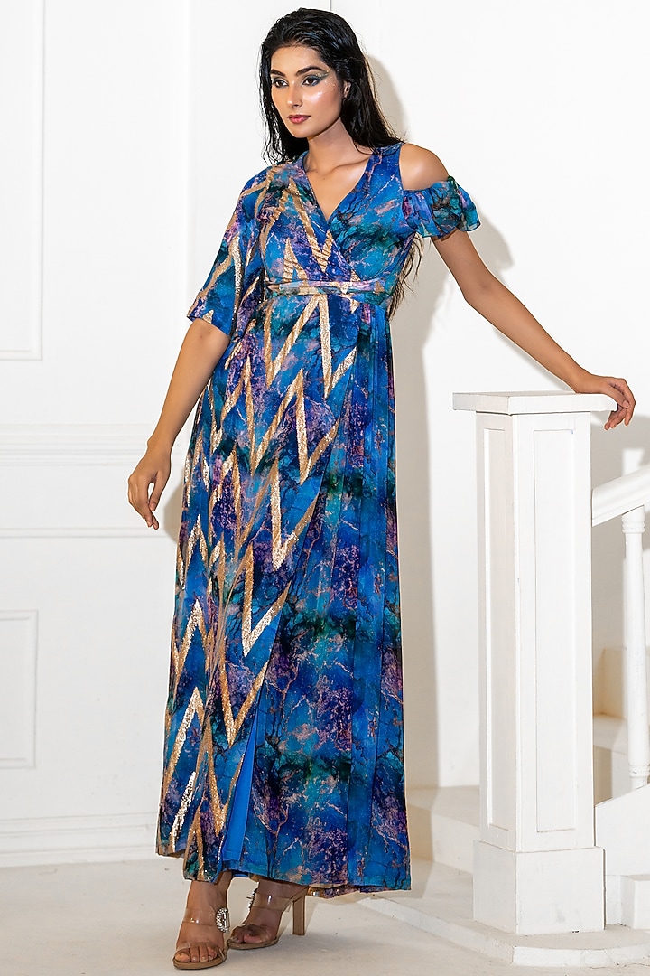 Blue Georgette Lurex Printed Wrap-Style Vacation Dress by Akanksha Mago at Pernia's Pop Up Shop