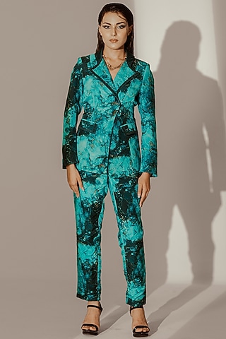 Blue Crepe Satin Abstract Printed Blazer Set by Akanksha Mago
