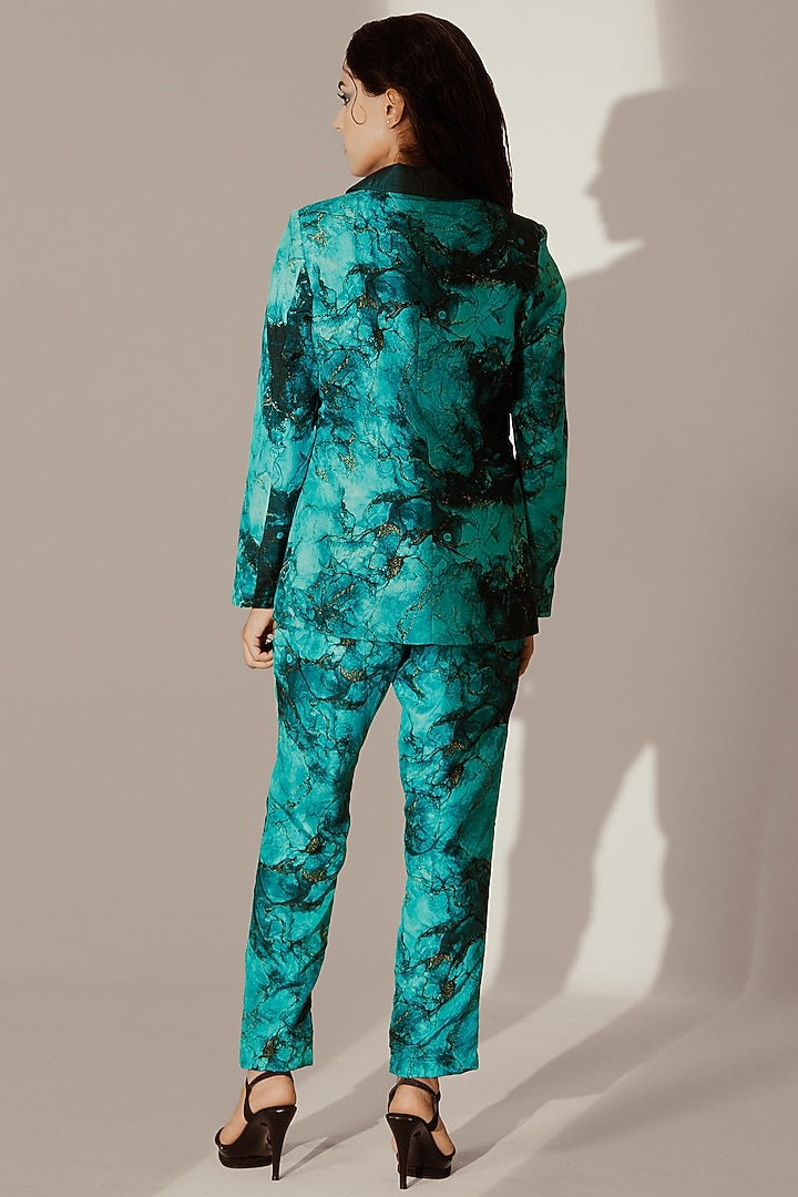 Blue Crepe Satin Abstract Printed Blazer Set by Akanksha Mago at Pernia's Pop Up Shop