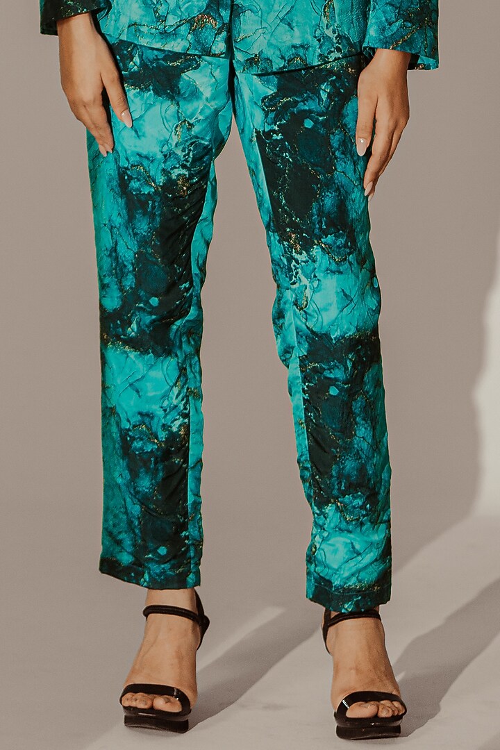 Blue Crepe Satin Abstract Printed Blazer Set by Akanksha Mago at Pernia's Pop Up Shop