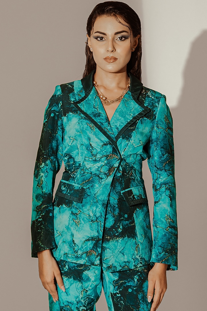 Blue Crepe Satin Abstract Printed Blazer Set by Akanksha Mago at Pernia's Pop Up Shop