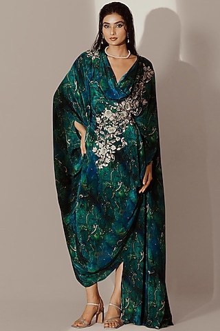 Blue Crepe Abstract Printed Draped Kaftan Gown by Akanksha Mago