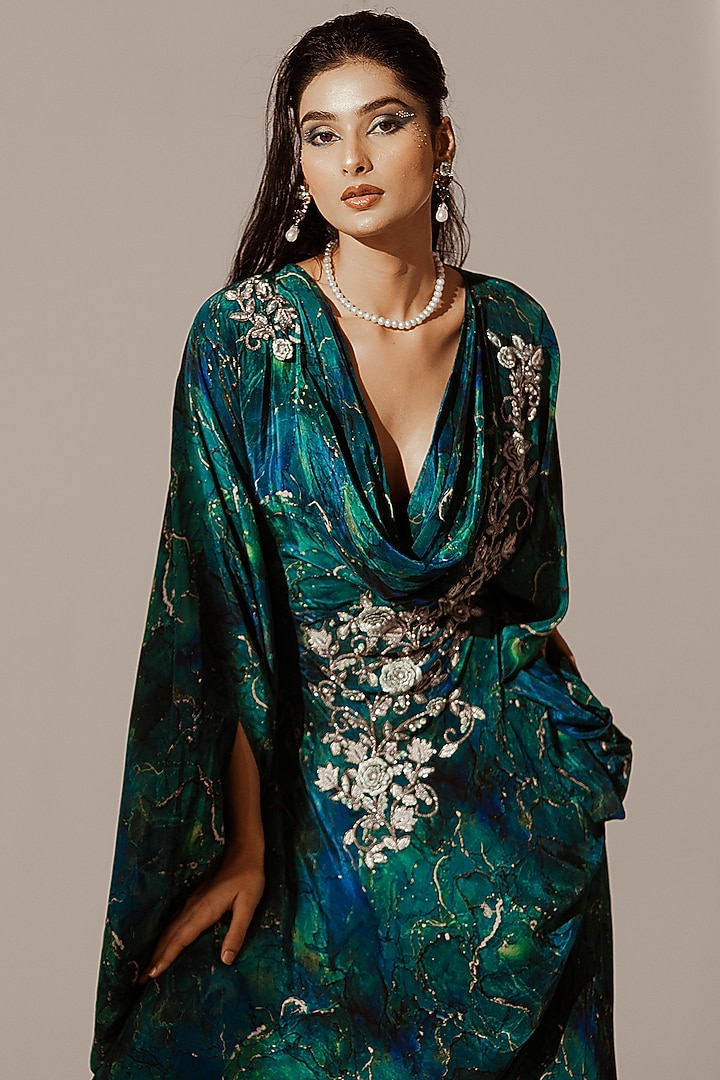 Blue Crepe Abstract Printed Draped Kaftan Party Wear Gown by Akanksha Mago at Pernia's Pop Up Shop