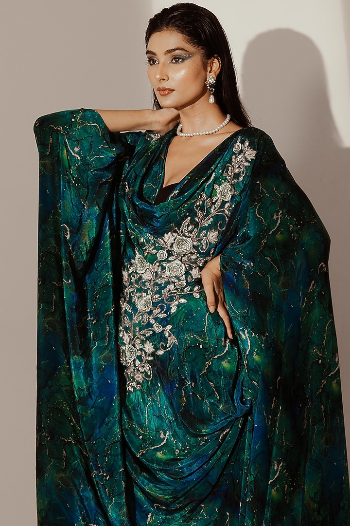 Blue Crepe Abstract Printed Draped Kaftan Party Wear Gown by Akanksha Mago at Pernia's Pop Up Shop