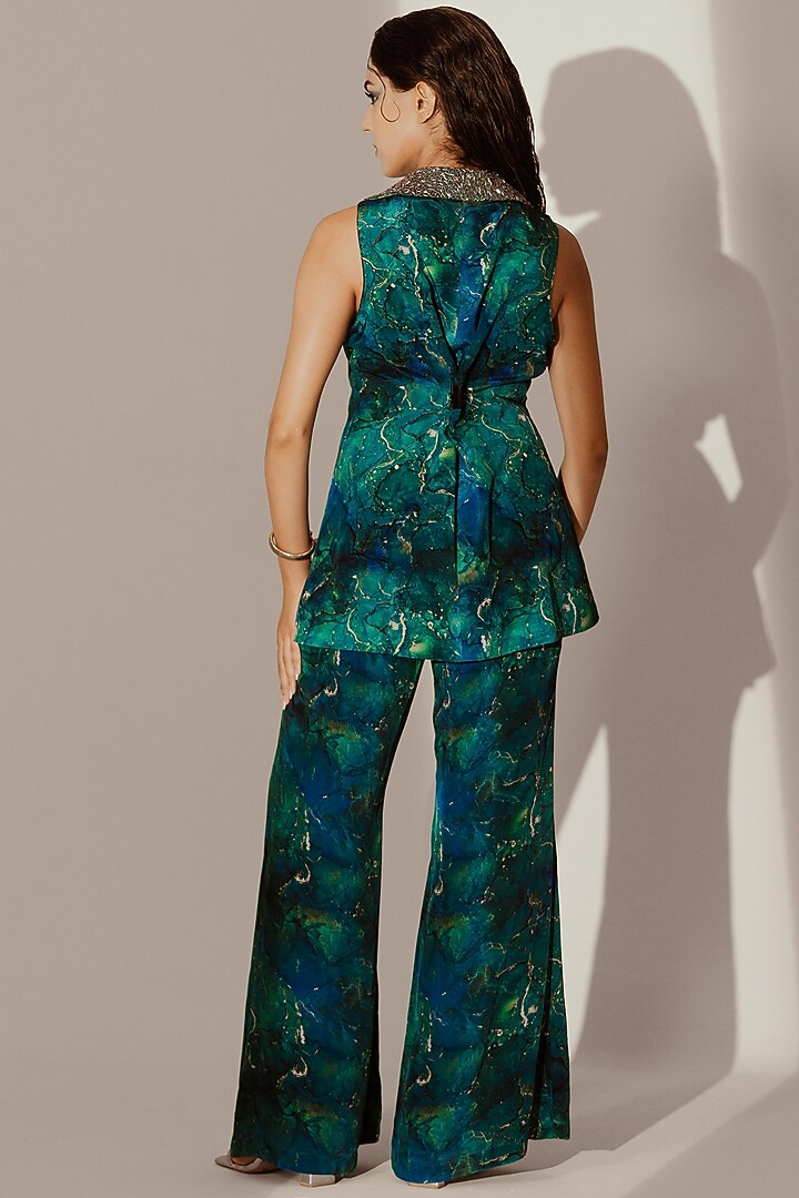 Blue Crepe Satin Blend Abstract Printed Blazer Set by Akanksha Mago at Pernia's Pop Up Shop