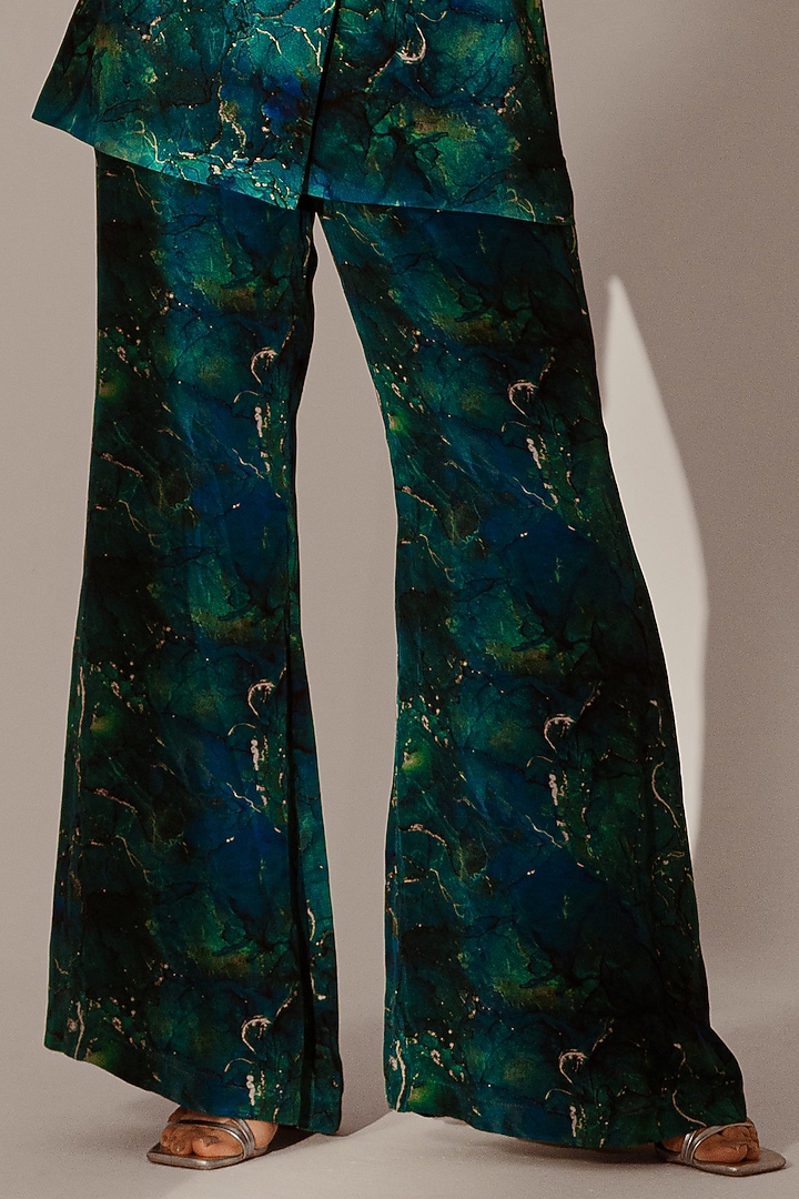 Blue Crepe Satin Blend Abstract Printed Blazer Set by Akanksha Mago at Pernia's Pop Up Shop