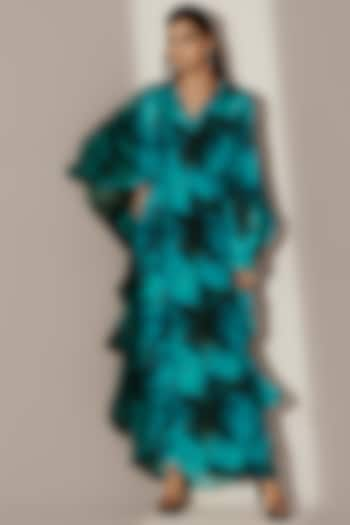 Blue Crepe Abstract Printed Ruffle Kaftan by Akanksha Mago at Pernia's Pop Up Shop