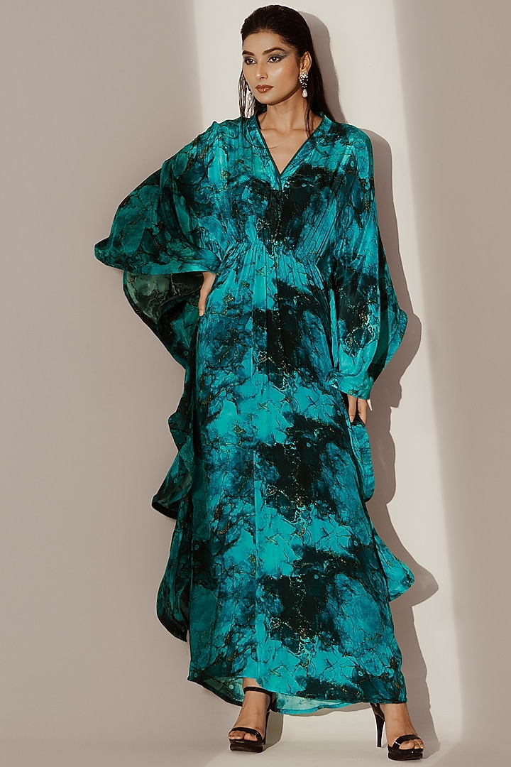 Blue Crepe Abstract Printed Ruffle Kaftan by Akanksha Mago at Pernia's Pop Up Shop