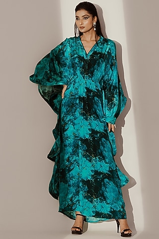 Blue Crepe Abstract Printed Ruffle Kaftan by Akanksha Mago
