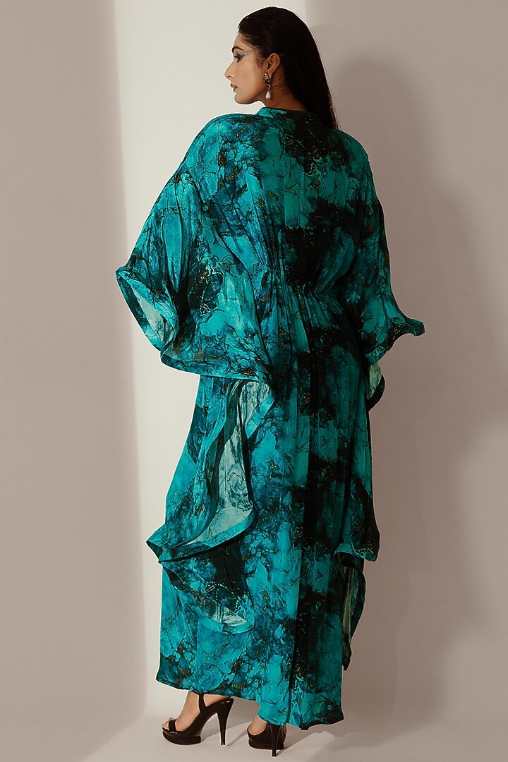 Blue Crepe Abstract Printed Ruffle Kaftan by Akanksha Mago at Pernia's Pop Up Shop