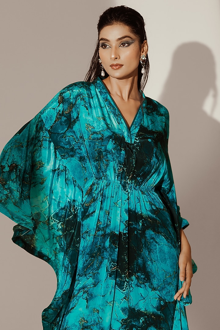 Blue Crepe Abstract Printed Ruffle Kaftan by Akanksha Mago at Pernia's Pop Up Shop
