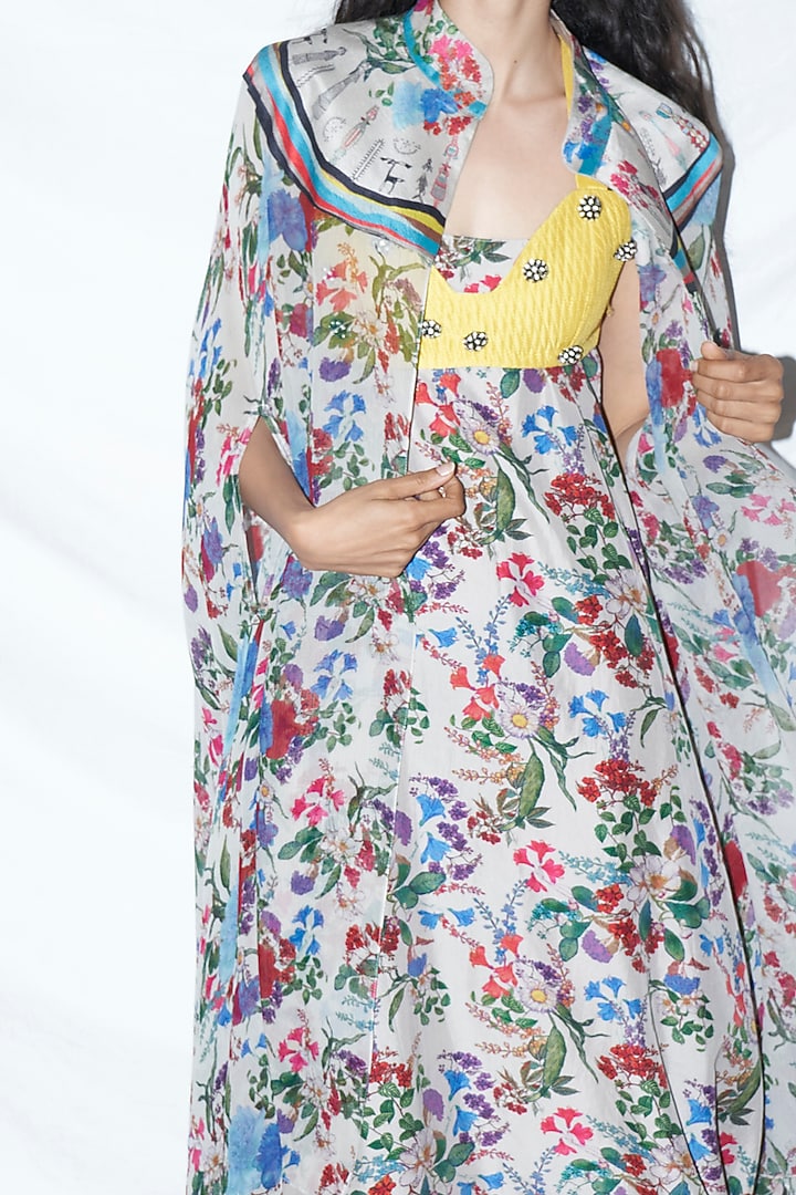 Grey Printed Slip Dress With Cape by AKOK at Pernia's Pop Up Shop