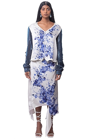 White & Blue Silk Skirt Set by AKOK