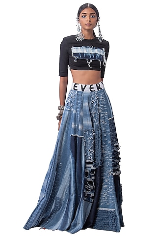 Blue Denim Ribbed Lehenga Set by AKOK