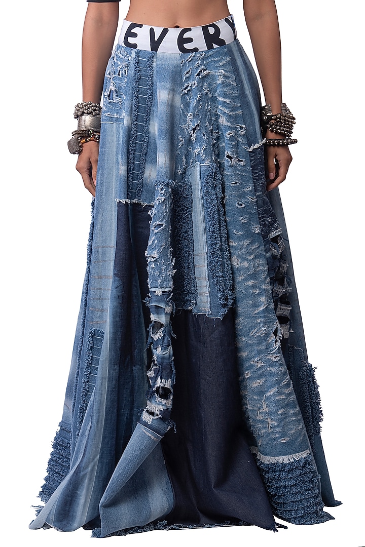 Blue Denim Ribbed Wedding Lehenga Set by AKOK at Pernia's Pop Up Shop