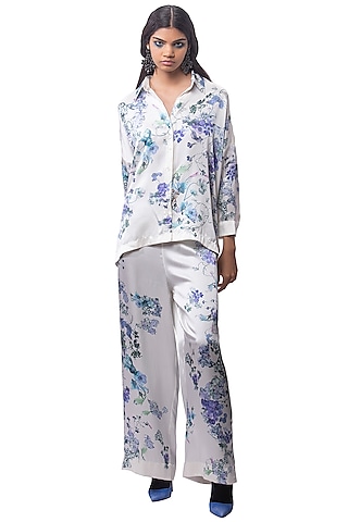 White Silk & Denim Pant Set by AKOK