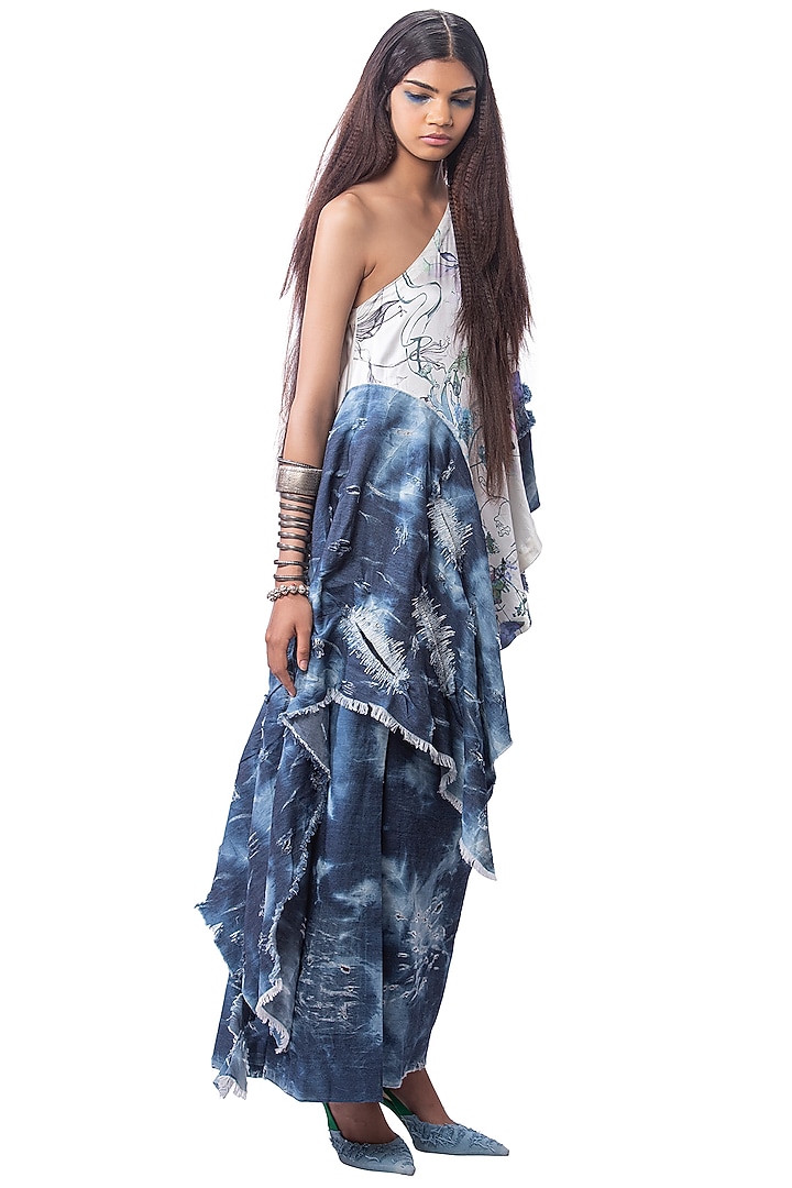 White & Blue Denim Skirt Set by AKOK at Pernia's Pop Up Shop