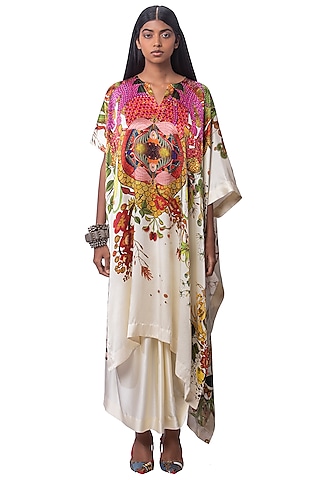 White Silk Printed Kaftan Set by AKOK