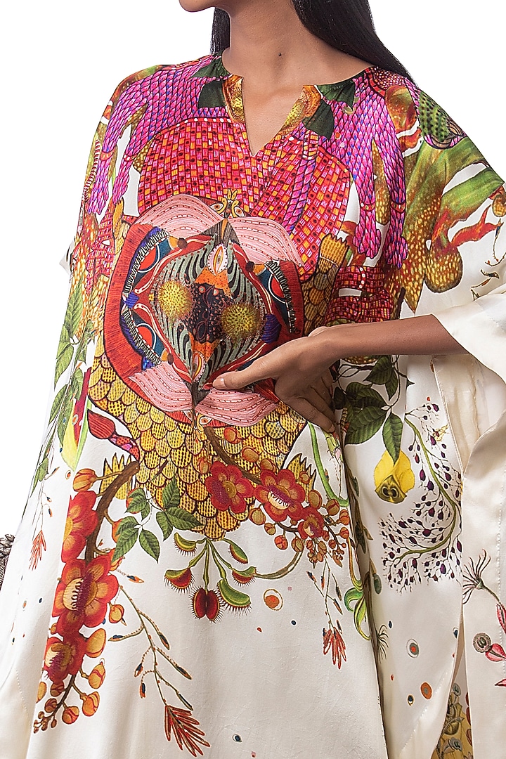 White Silk Printed Kaftan Set by AKOK at Pernia's Pop Up Shop