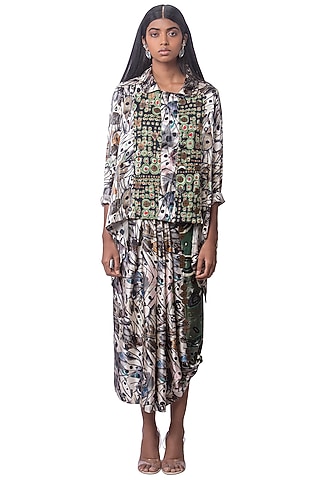 Black Silk Printed Skirt Set by AKOK