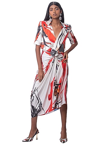 White & Red Silk Printed Skirt Set by AKOK