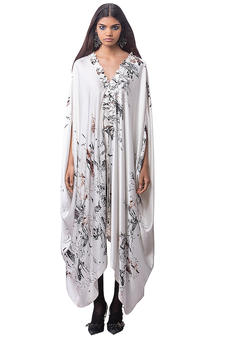 White Lycra Printed Cape Set by AKOK