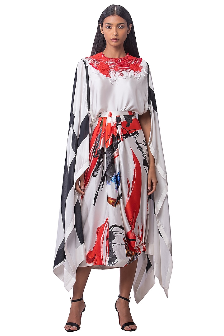 White & Red Silk Printed Skirt Set by AKOK