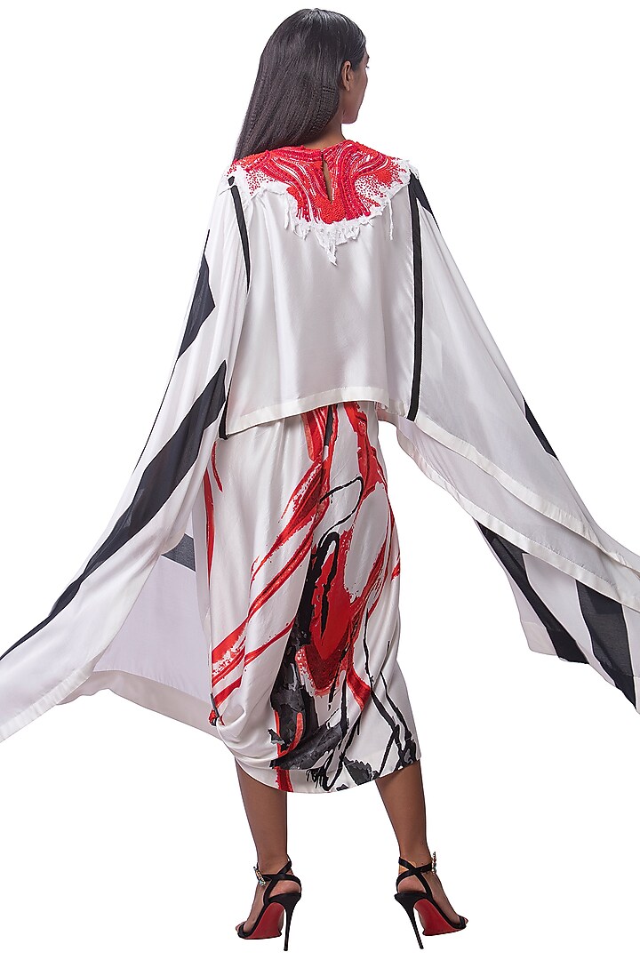 White & Red Silk Printed Skirt Set by AKOK at Pernia's Pop Up Shop