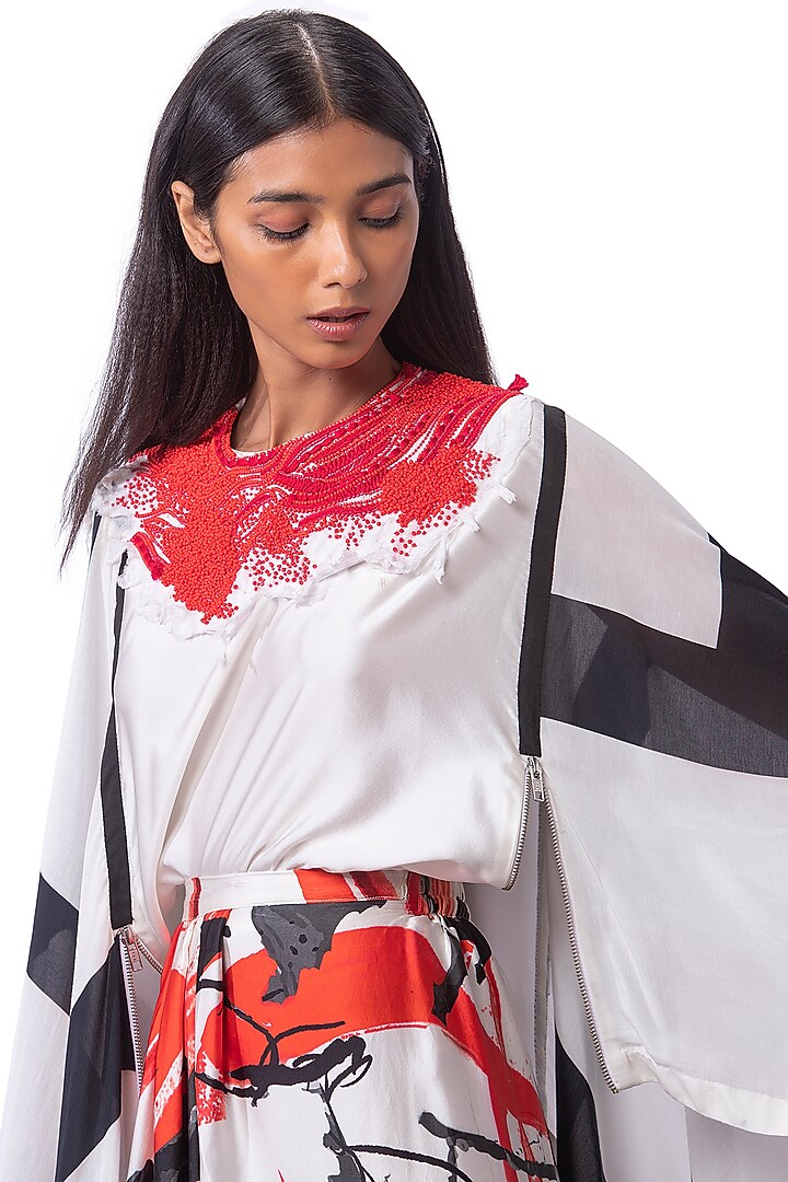 White & Red Silk Printed Skirt Set by AKOK at Pernia's Pop Up Shop