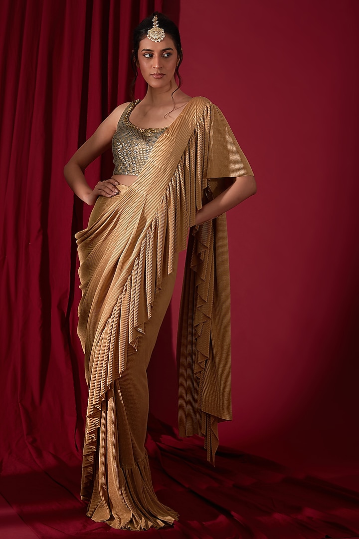 Gold Crushed Satin Lycra Ruffled Draped Saree Set by AKARA