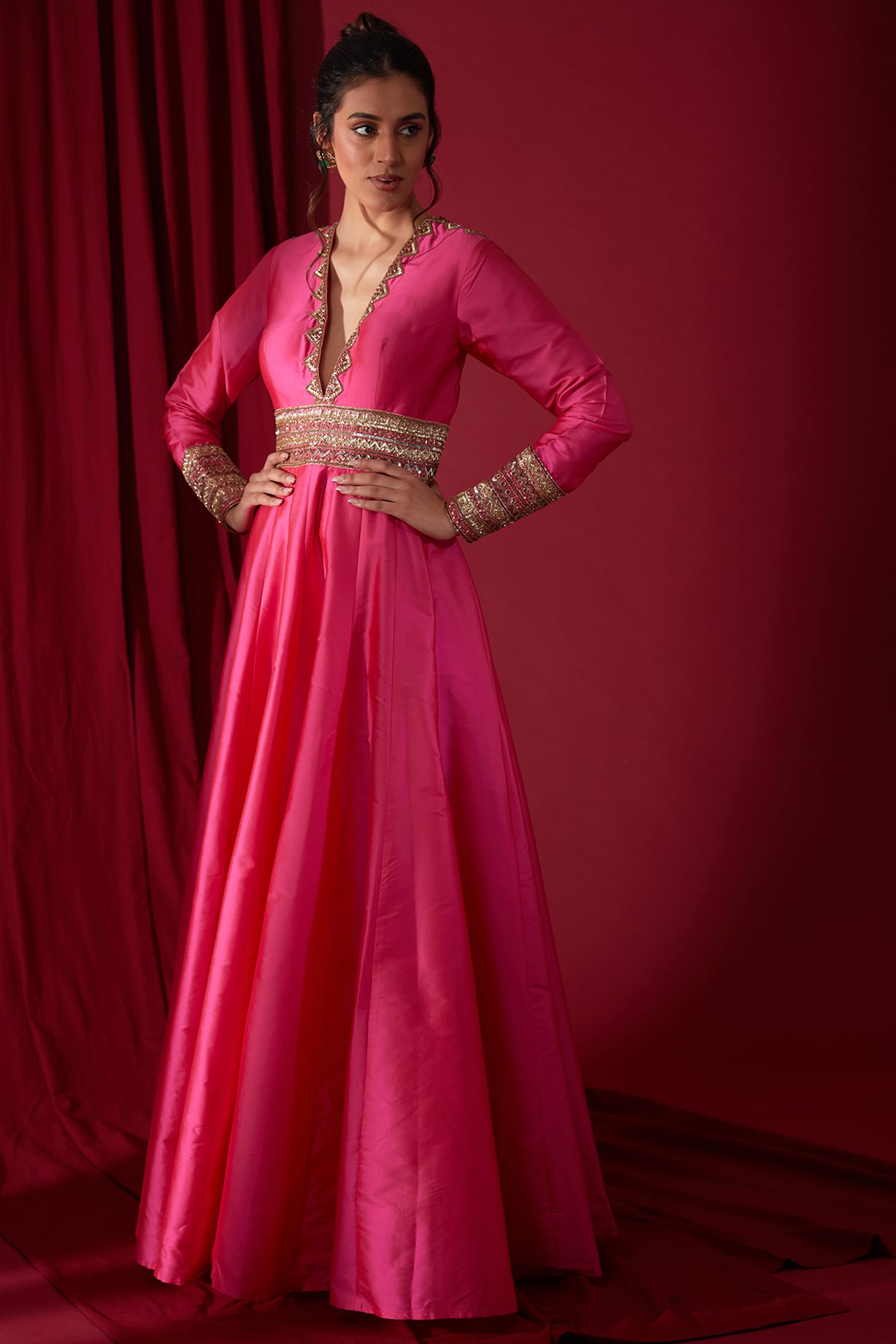 Pink Taffeta Silk Aari Hand Embellished A-Line Anarkali by AKARA
