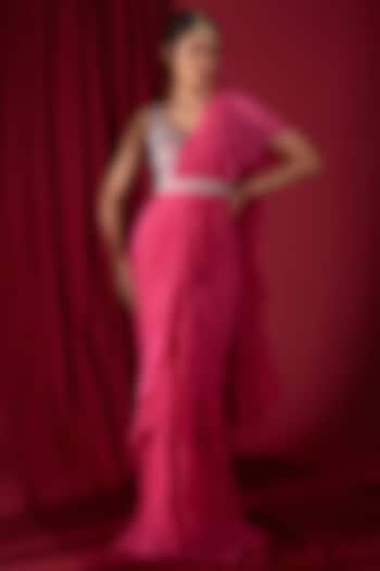 Pink Georgette Ruffled Draped Saree Set by AKARA