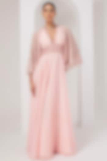 Pastel Pink Metallic Georgette Dress With Embellished Cape by AKARA at Pernia's Pop Up Shop