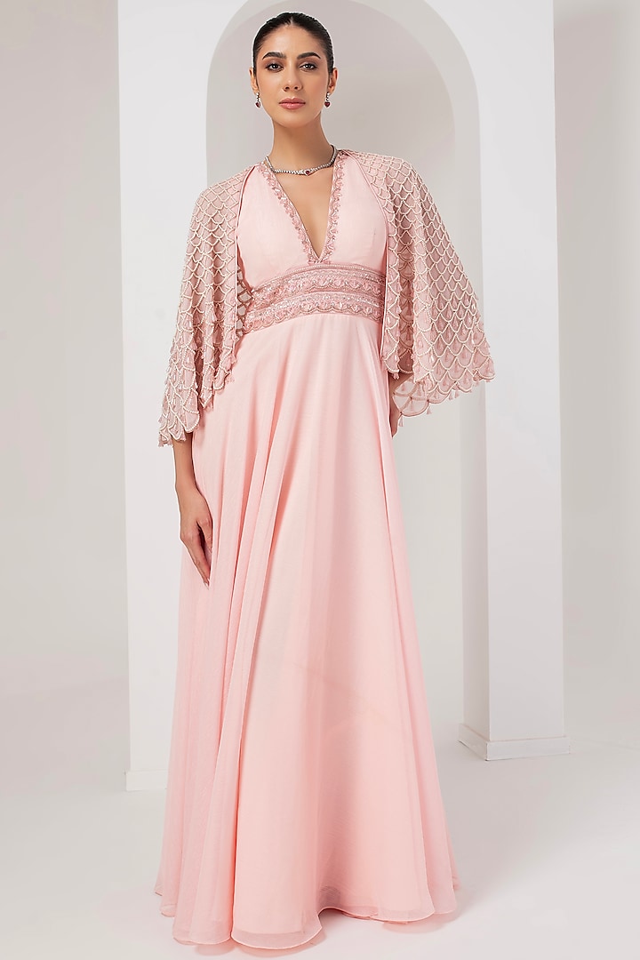 Pastel Pink Metallic Georgette Dress With Embellished Cape by AKARA at Pernia's Pop Up Shop