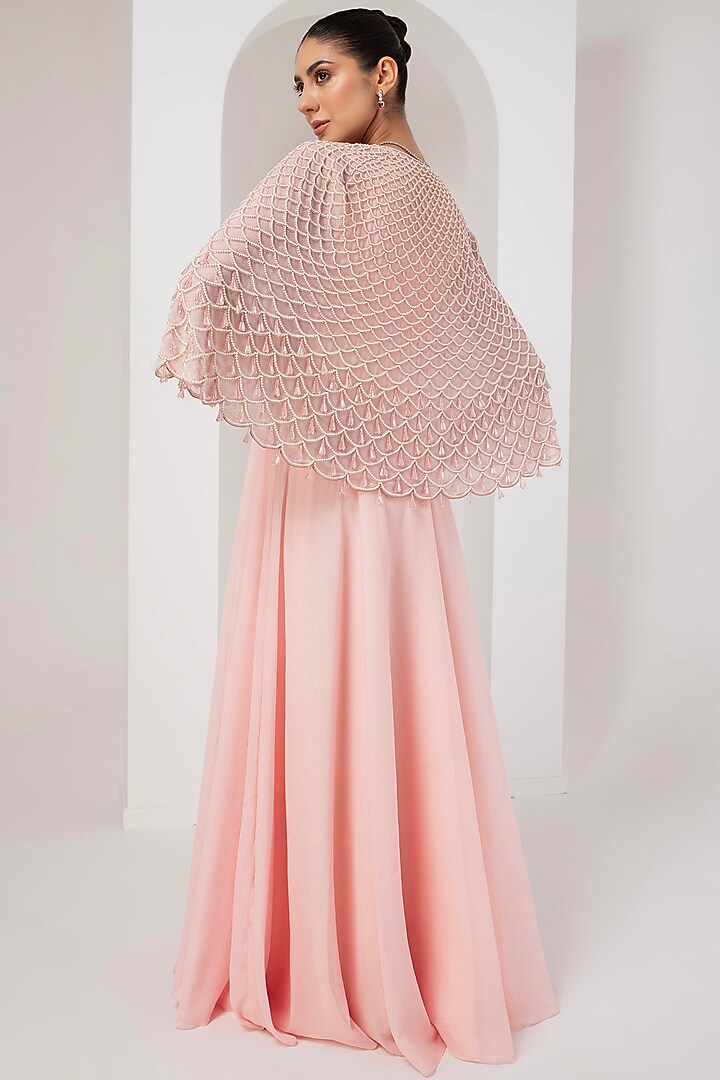 Pastel Pink Metallic Georgette Party Wear Dress With Embellished Cape by AKARA at Pernia's Pop Up Shop
