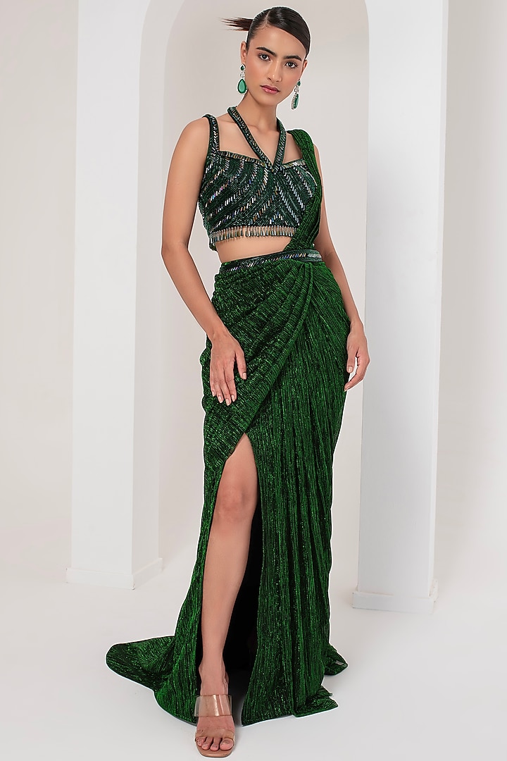 Green Platinoir Crepe & Lurex Crepe Saree Set by AKARA at Pernia's Pop Up Shop