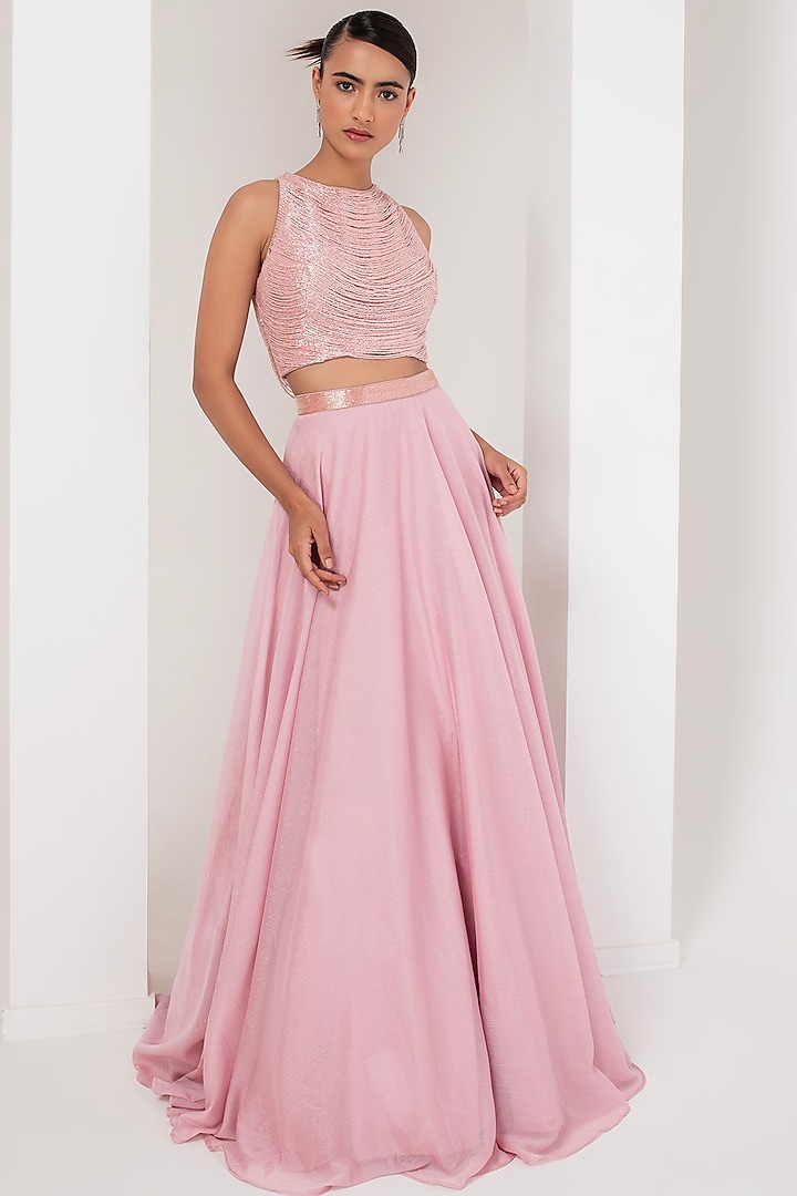 Patel Pink Metallic Georgette A-Line Skirt Set by AKARA at Pernia's Pop Up Shop